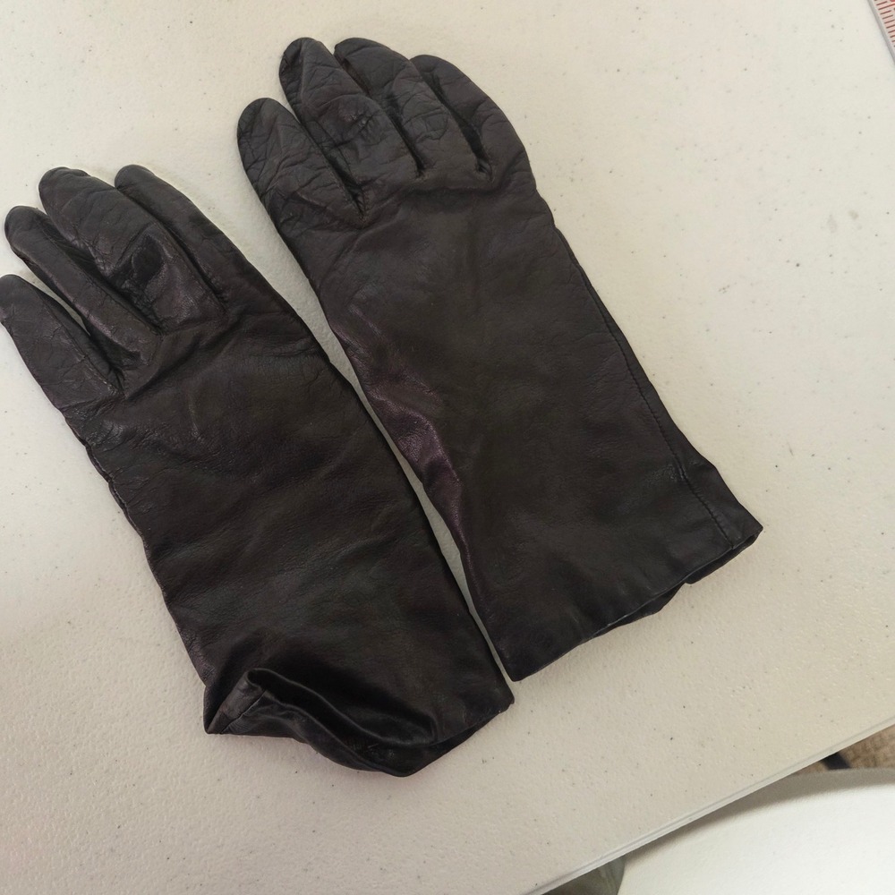 Vintage Womens Dark Brown Leather Gloves Mid Length Classic Dressy Size Medium